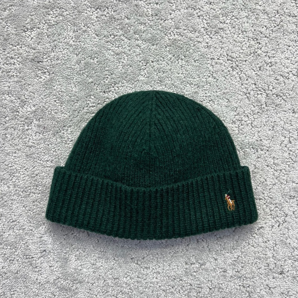 Polo Ralph Lauren Beanie Hat One Size Dark Green Wool Blend Ribbed Knit Cuffed